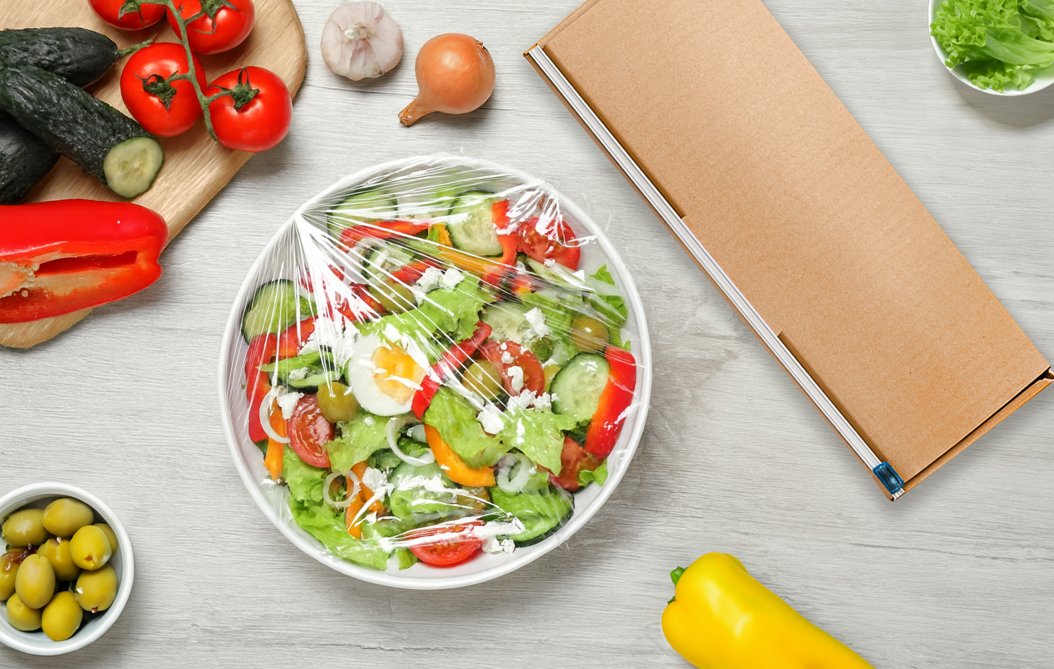 Food service box with wrapped salad